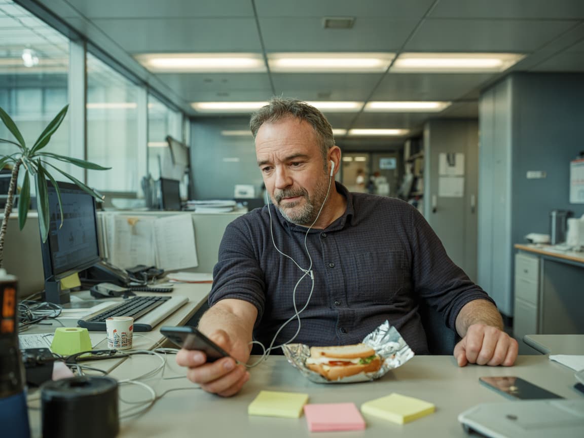 Photorealistic candid documentary photo of an ordinary-looking man in his fifties with grey stubble and a slightly rumpl