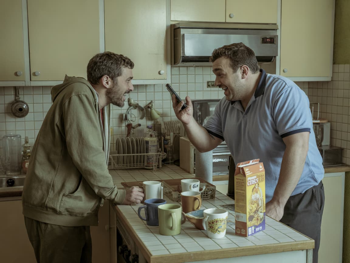 Photorealistic candid documentary photo in a small lived-in apartment kitchen in early morning light, two ordinary-looki