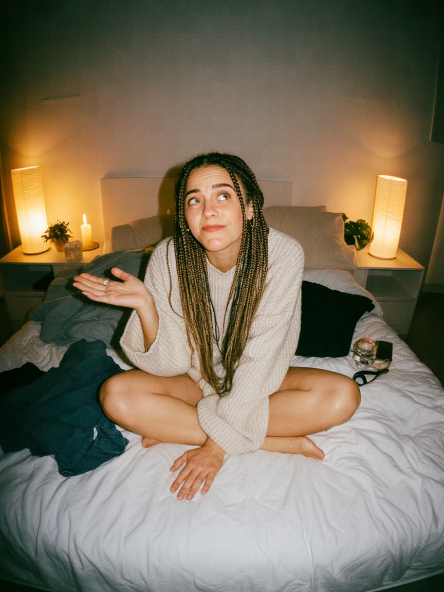 Photorealistic candid smartphone-style photo at night in a cozy messy bedroom lit by glowing tungsten bedside lamps, a l